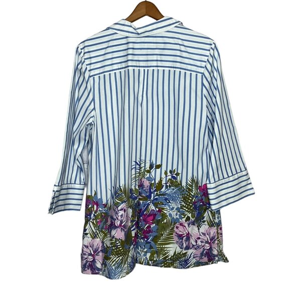 Denim & Co. Large L Blue Striped Tropical Border Print Button Front Tunic Top - Picture 2 of 4